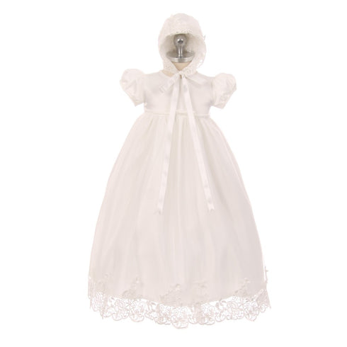Rain Kids Baby Girls Ivory Lace Satin Tulle Overlay Bonnet Baptism Dress 0-12M - SophiasStyle.com